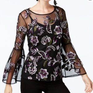 INC International Concepts Black Floral Embroidered Mesh Top with Cami